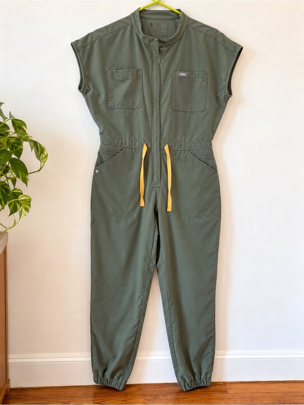 Figs Olive Green Sleeveless Utility Jumpsuit with Yellow Drawcords